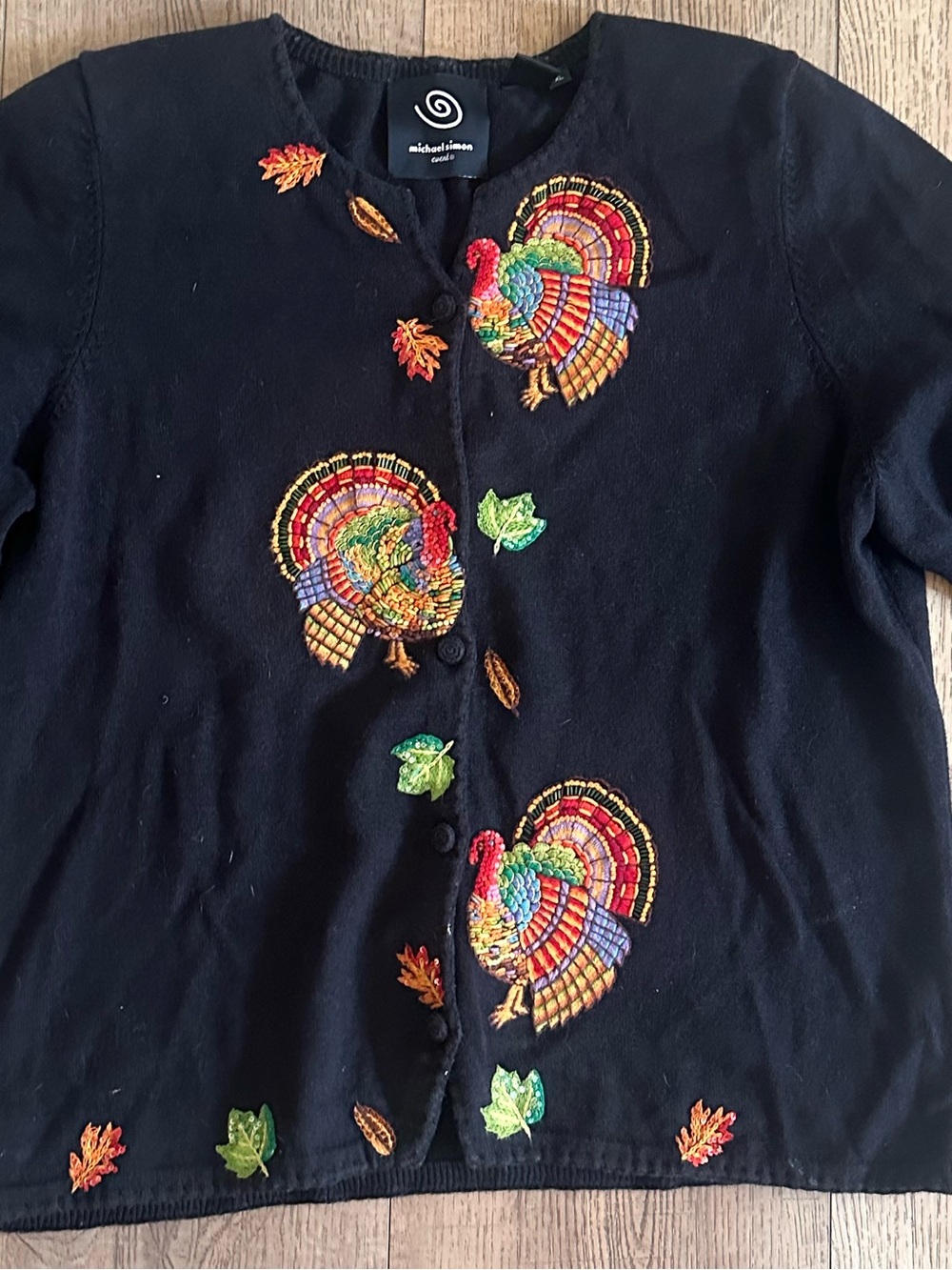 Michael Simon Black Cardigan with Colorful Turkey Embroidery
